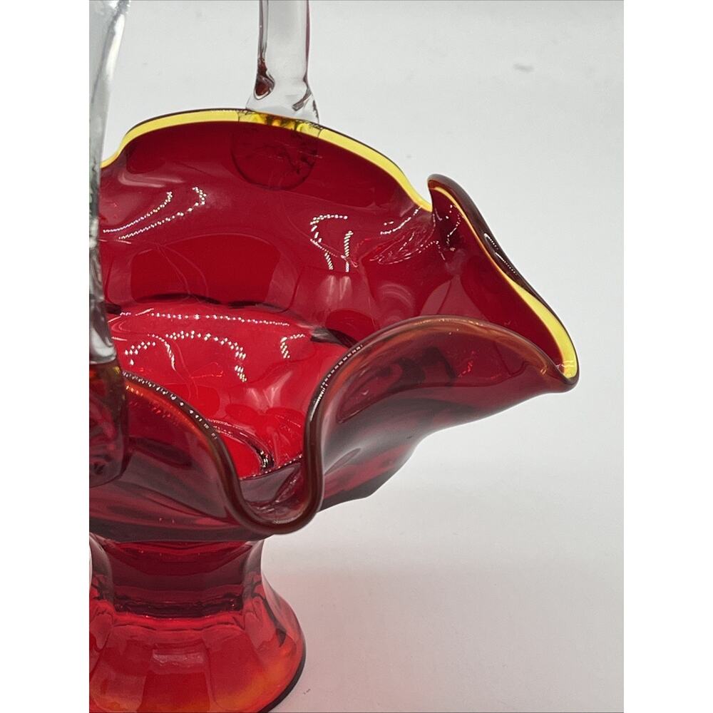Viking Glass Ruby Amberina Georgian Handled Basket 9.5" Yellow Rim Art Glass USA - Picture 5 of 10
